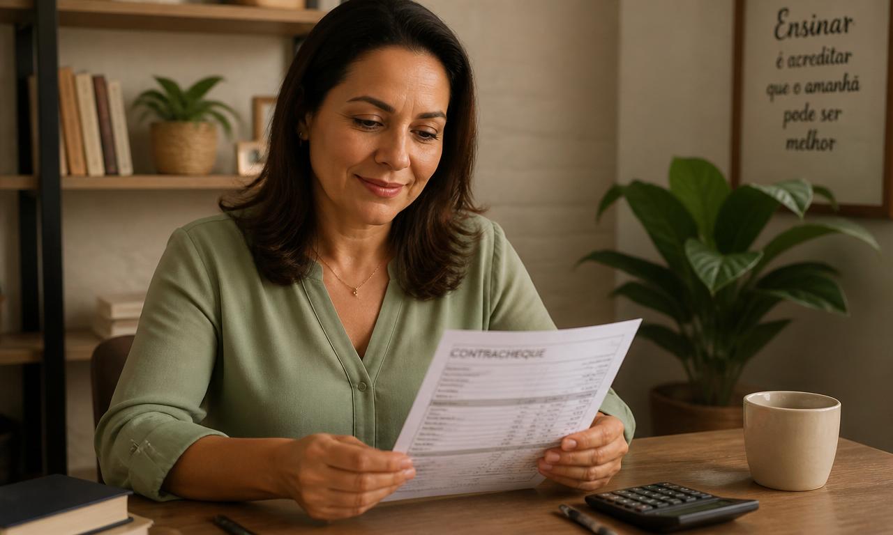 Professora conferindo o contracheque com tranquilidade