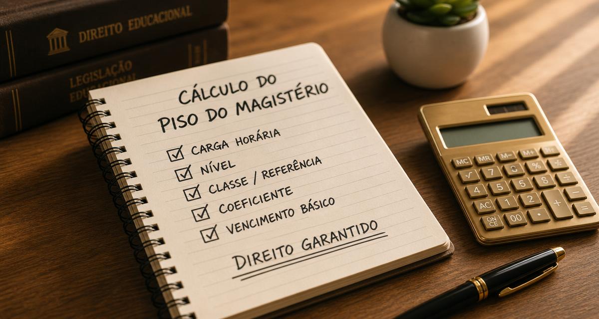 Caderno com o cálculo do piso do magistério, calculadora e caneta