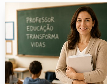 Professora sorrindo em sala de aula da rede pública