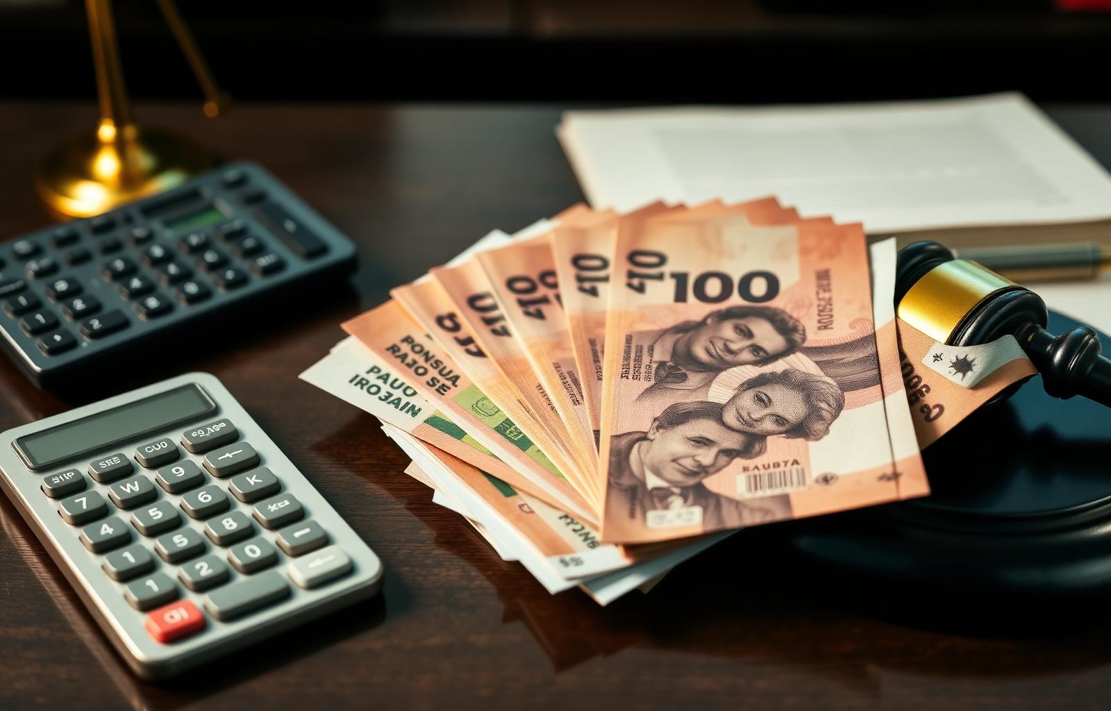 Cédulas de real, calculadora e martelo simbolizando valores retroativos do magistério